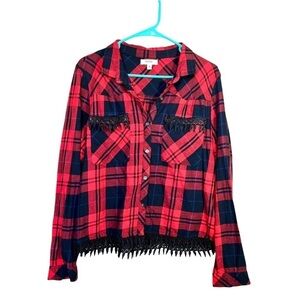 Kenzie Jeans Red and Black Button Crochet Double Breasted Pocket Blouse M